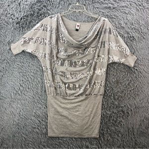 Love Rocks Dress Womens Large Slouch Neck Sequin Stripe Gray